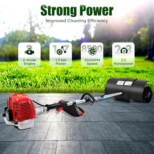 2-Stroke Gas Handheld Sweeper, 52CC 2.3HP Snow Sweeping Broom Walk Behind Sweeper Driveway Turf Lawns Artificial Grass Power Brush Lawn Sweeper Cleaner Tools for Leaves Debris Cleaning
