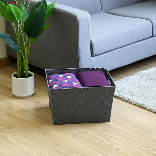 Large Gray Woven Storage Basket With Cut-Out Handles, Decorative Organizer Bin For Bathroom, Bedroom, Living Room, Office And Home Organization