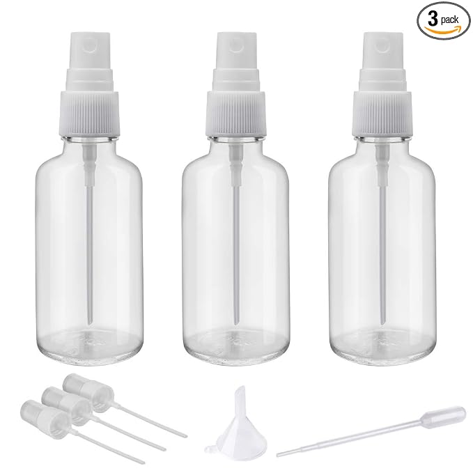 2oz Clear Glass Spray Bottles for Essential Oils, Set of 3 | Small, Plastic Sprayer