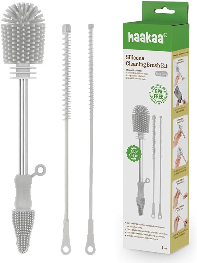 Haakaa Food-Grade Silicone Cleaning Brush Kit 3-Piece (Kit-Grey) | Household Cleaning Brushes Food-Grade Silicone Dishwasher Safe