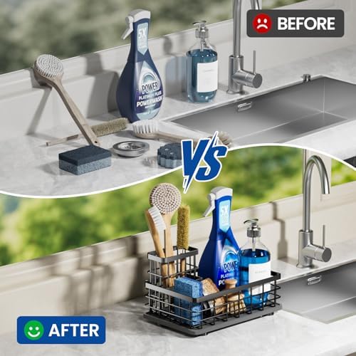 Kitchen Sink Organizer, Large Sink Caddy with Sponge Holder & Diatomite Mat | Cleaning Supplies in One Place, Kitchen Countertop Organizer, Home Essentials, Brush Holder, Quick Dry Tray, Fewer Puddles