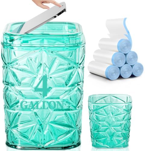 2-Piece Snowflake-Textured Acrylic Trash Can Set with 150 Drawstring Bags, 4 Gallon Sliver Press-Lid Wastebasket and Small Open-Top Desktop Bin for Bathroom, Bedroom,