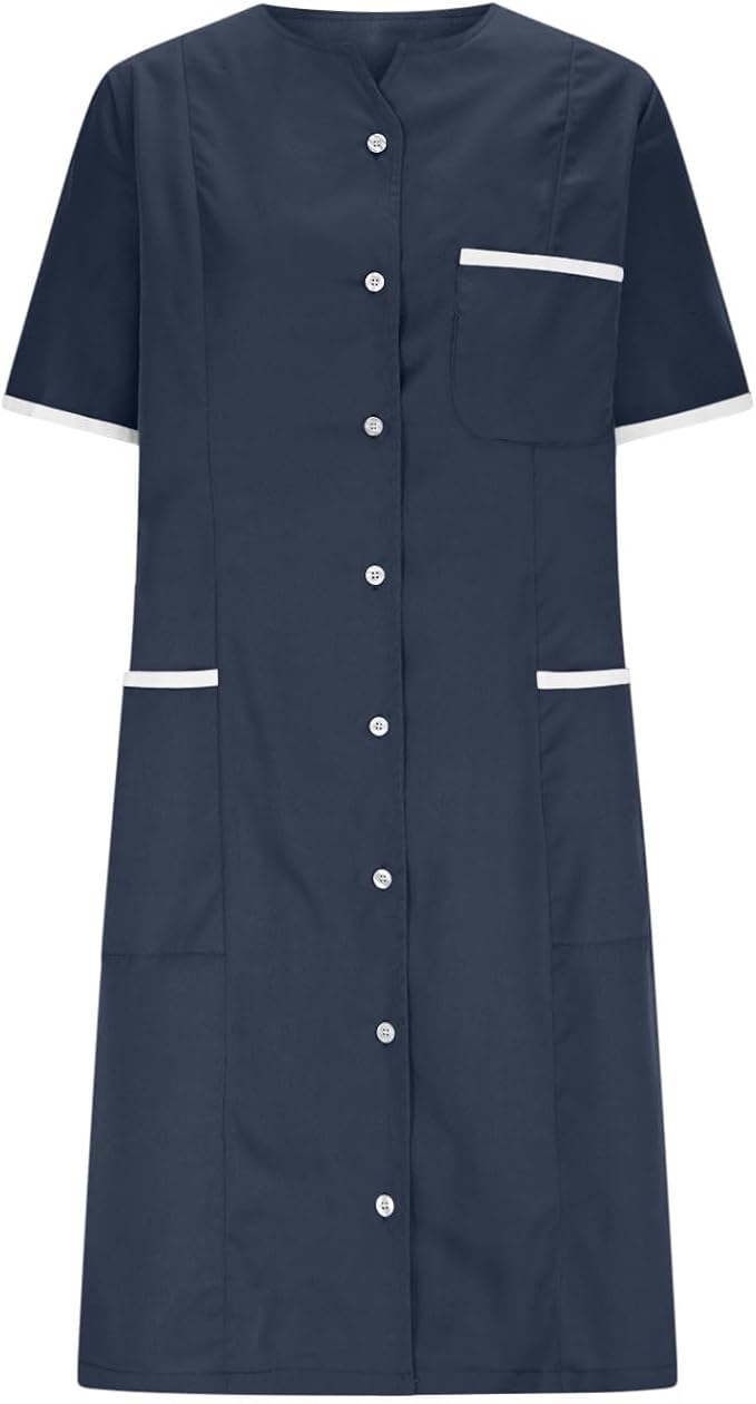 Scrubs Dress for Women - Button Front Nursing Workwear - Casual Housekeeping Dresses with Pockets