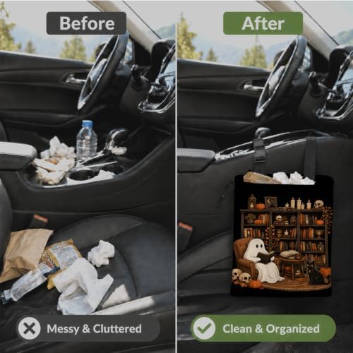 Ghost Reading Book Halloween Car Garbage Bag Canvas Trash Can | Dark Academia Gothic Skull Bookish Drawstring Car Trash Bag Hanging for Back Seat with Adjustable Buckle