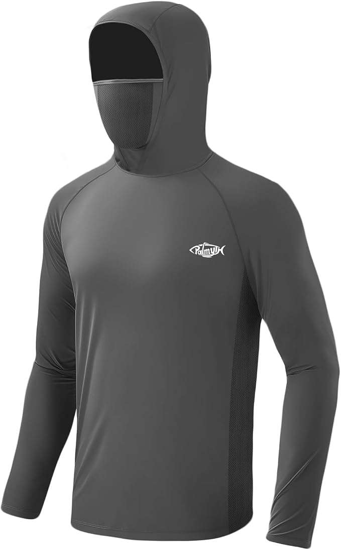 Palmyth Men's Fishing Hoodie UPF 50+ Long Sleeve with Face Mask Neck Gaiter | Zipper Pocket, Thumb Loops, Quick-Dry, Side Mesh Panels, Lens Cleaning Cloth