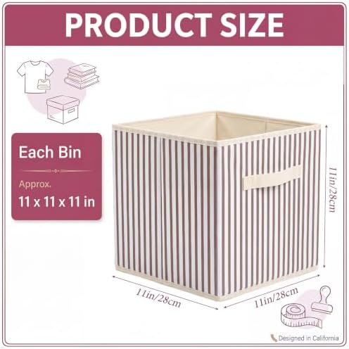 Amyhill 6 Pack Khaki Striped Basics Collapsible Fabric Storage Bins | with Handles, Foldable Storage Cubes, 11 Inch, Closet Decorative Organizer, Baskets for Shelves Units, Home, Dorm