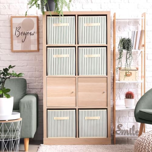 Amyhill 6 Pack Green Striped Basics Collapsible Fabric Storage Bins | with Handles, Foldable Storage Cubes, 11 Inch, Closet Decorative Organizer, Baskets for Shelves Units, Home, Dorm