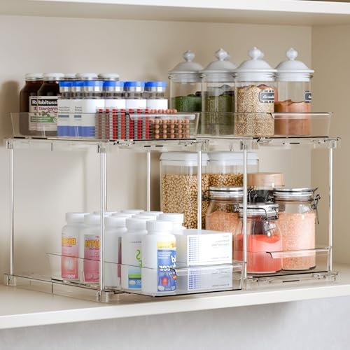 Yieach 2 Pack 10.6″ High Pull Out Medicine Cabinet Organizer for Vitamin,Pill Bottle and Supplement,2 Tier Slide out Under the Sink Organizer,Bathroom Vanity Storage and Cupboard Undersink Organizers