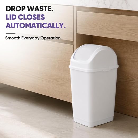 Superio Small 2.5 Gallon Plastic Trash Can with Swing Top Lid, Compact Slim Waste Bin for Under Desk, Office, Bedroom, Bathroom, Dorm Room, 10 Qt. Portable Garbage Can (White)