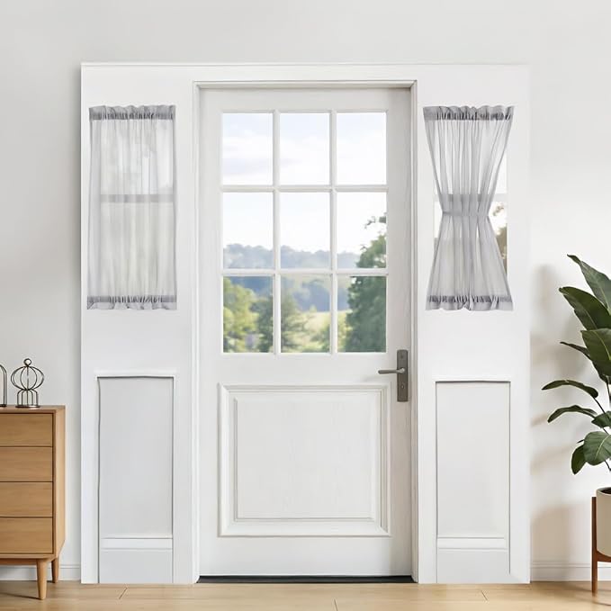 Aquazolax Grey Sheer Curtains for Door - 40 Inch Long Sidelight French Half Door Window Voile Curtain, Airy Porch Decoration Privacy Panels - Single Panel with Tieback, 25" Wide x 40" Length
