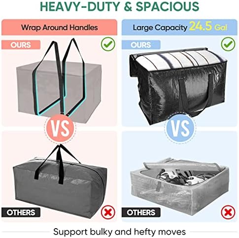 BALEINE 4-Pack Oversized Moving Bags with Reinforced Handles, Heavy-Duty Storage Tote for Clothes, Moving Supplies (Black, 4-Pack)