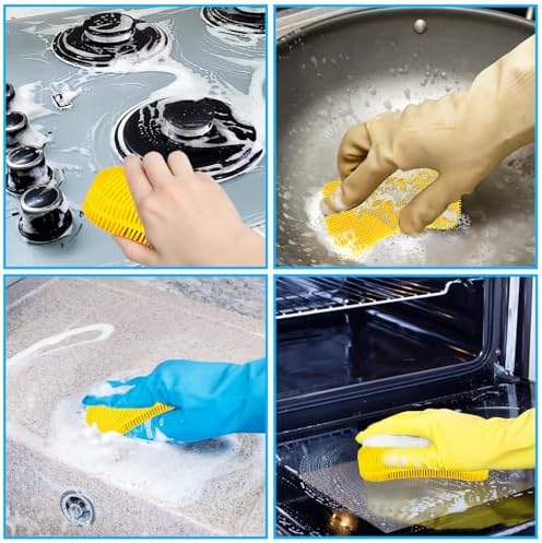 5 Pack Silicone Dish Sponges for Kitchen, Double Sided Silicone Dish Scrubber, Multipurpose Kitchen Scrubber Sponge, Vegetable Brush (Yellow)