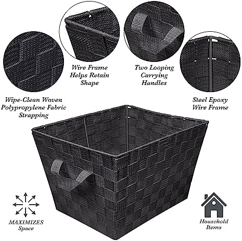 Simplify Medium Woven Strap Tote | Decorative Storage Basket | 2 Handles | Organization | Closet | Bedroom | Bathroom | Nursery | Accessories | Toys | Gifts | 4 Pack | Black