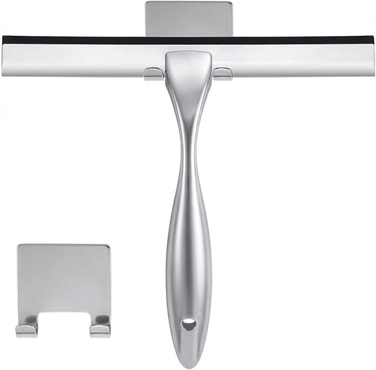 NETANY Shower Squeegee, 12-Inch Silver Squeegee, All-Purpose Stainless Steel Squeegee for Bathroom, Shower Doors, Mirrors, Tiles and Car Windows - 100% Streak Free