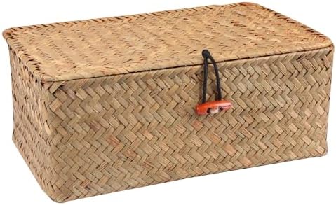 Moosky Wicker Shelf Baskets with Lid,Handwoven Seagrass Basket for Storage Basket Bins Rectangular Home Organizer Gift Boxes (Natural Large)