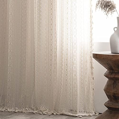 Sutuo Home Crochet Boho Curtain 96 Inches Length, Sheer Lace Handmade Tassels Knitted Window Treatment Vintage Rustic Bohemian Farmhouse Drape for Bedroom Rod Pocket 1 Panel 59" W x 96" L, Beige Wave