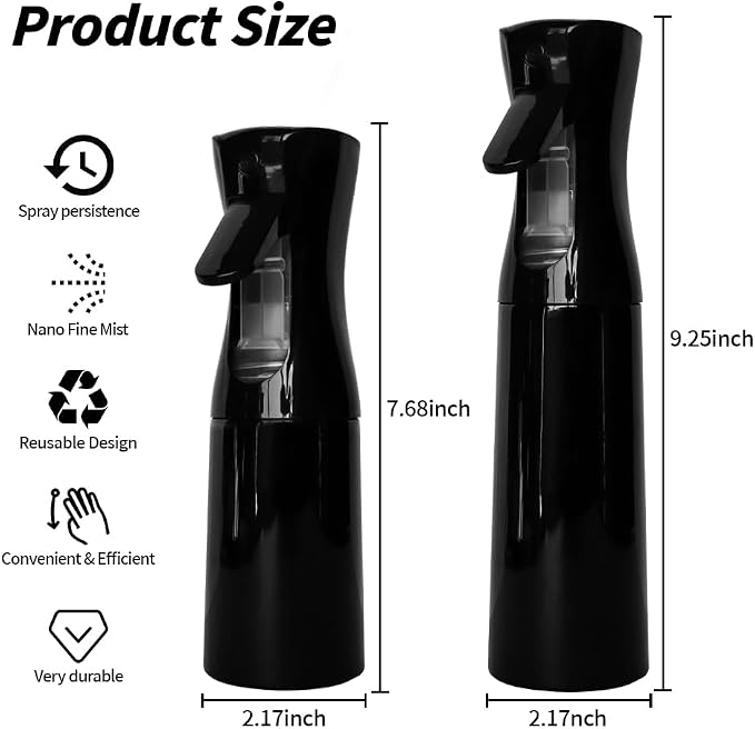 Ella & Sara Fine Mist Spray Bottle 200ml (Black) - Continuous Mister for Hair Styling & Salon Use, Refillable Water Sprayer for Plants, Pets, Cleaning, Essential Oils, Barber & Travel