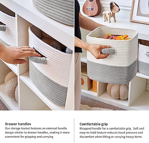 R RUNKA Storage Cube Baskets for Organizing- 3 Pack- 11 inch Square Baskets for Cube Storage, Closet Storage Bins- Woven Cube Storage Bins for Shelves- Ideal for Toy Storage |White & Grey