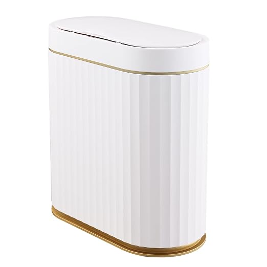 Bathroom Trash Can with lid 2.5 Gallon Motion Sensor White and Golden | Slim Wastebasket, Automatic Trash Bin Bathroom Decor for Bedroom and Office