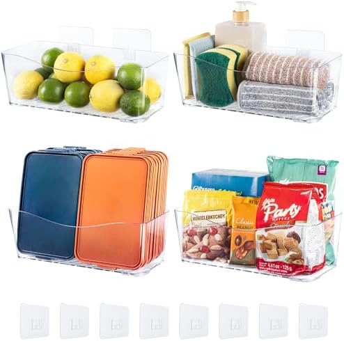 4-Pack Large Cabinet Door Organizer, 11.4" Adhesive Wall Mounted Pantry Organizers and Storage, Space Saving, Drain Bottom, No drill, Clea Storage Caddy Baskets for Kitchen, Bathroom, Under Sink