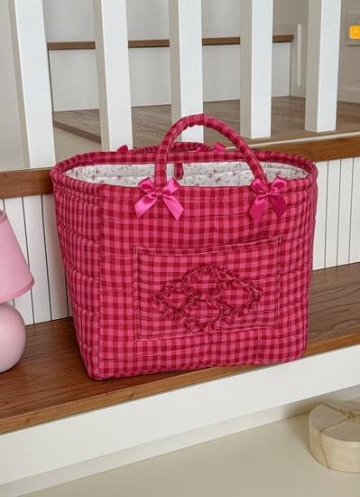 Boho Fabric Storage Basket Quilted Floral Print Baskets Organizer Bin with Handles for Home, Picnic, Shopping (A-Red 2, One Size)