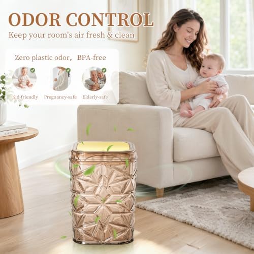 2-Piece Snowflake-Textured Acrylic Trash Can Set with 150 Drawstring Bags, 4 Gallon Gold Press-Lid Wastebasket and Small Open-Top Desktop Bin for Bathroom, Bedroom, Office, Brown