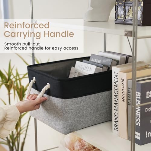 15.7x11.8x8.26 Inch Fabric Large Storage Bins with Handles 6 Pack | Foldable, Sturdy Metal Strand, Cardboard Support Molding, Fabric Storage Baskets for Shelves, Closet, Bedroom, Black/Gray