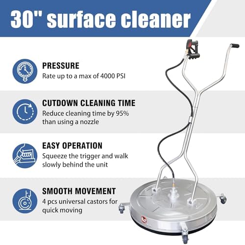 JANZ 30'' Pressure Washer Surface Cleaner with Dual Handle | with 4 Wheels,Stainless Steel Housing,4 Replacement Nozzles and 2 Hose Adapters, for Driveways, Sidewalks Cleaning