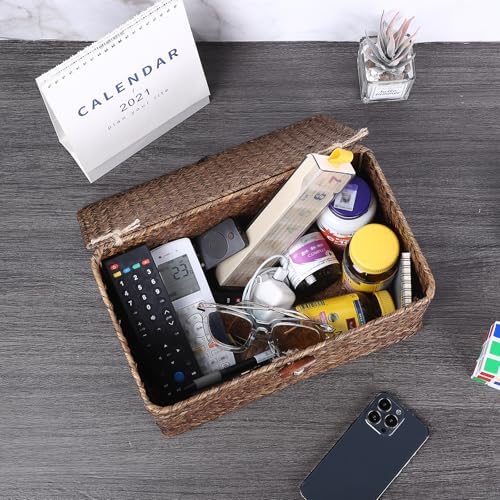 Sumnacon Wicker Basket with Lid,Tampon Holder for Bathroom,Coffee,Medium | Natural Seagrass Female Product Organizer for Toiletries Pad Tampon Storage,Farmhouse Woven Baskets for Shelf, Toilet Tank