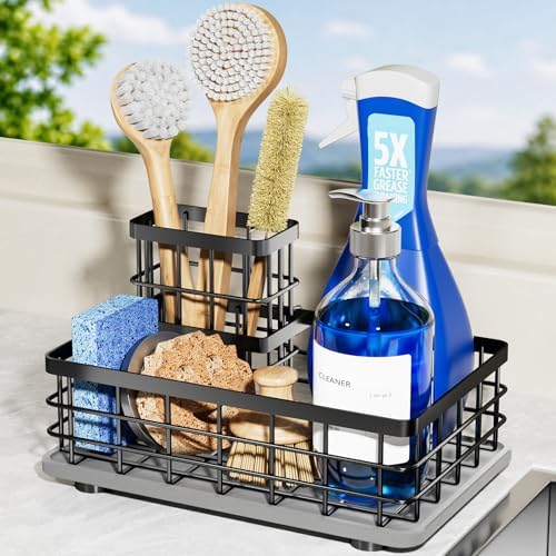 Kitchen Sink Organizer, Large Sink Caddy with Sponge Holder & Diatomite Mat | Cleaning Supplies in One Place, Kitchen Countertop Organizer, Home Essentials, Brush Holder, Quick Dry Tray, Fewer Puddles