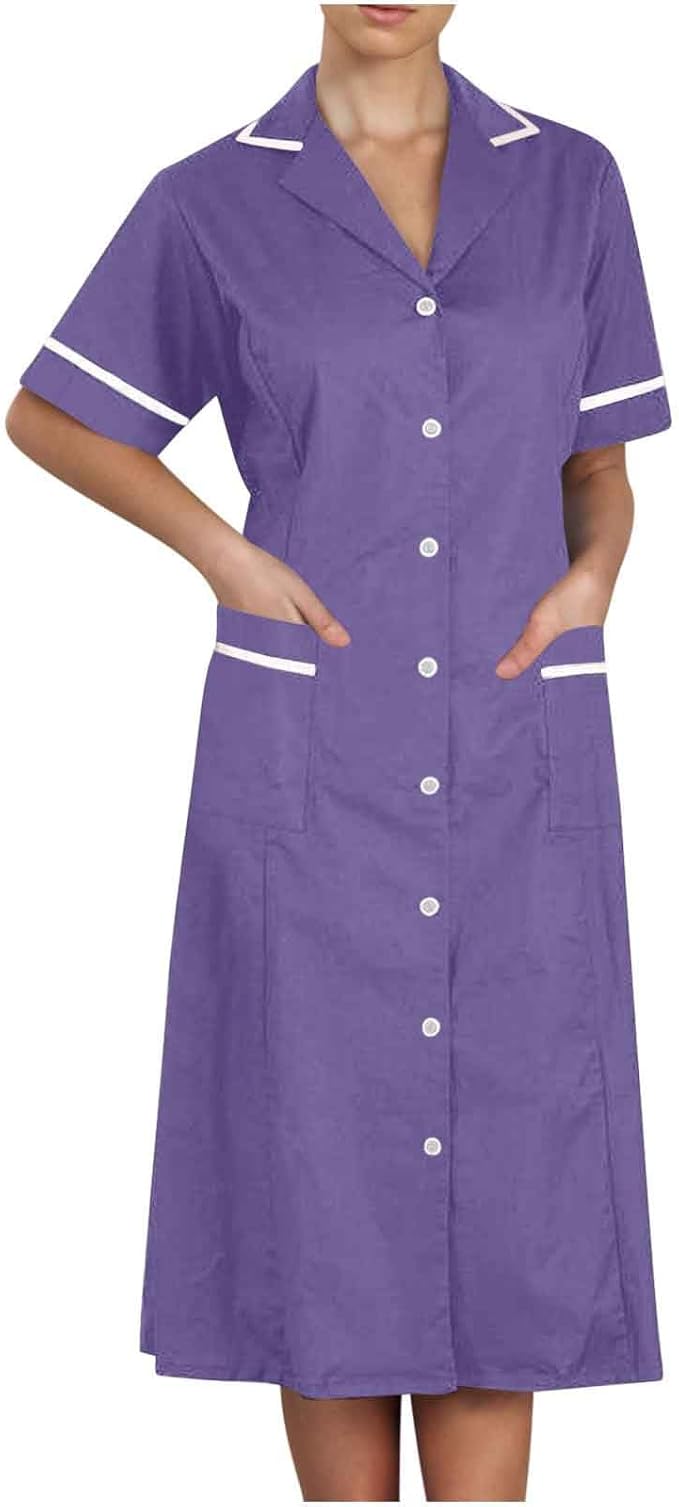 Women's Short Sleeve Work Dress Lapel Button Front Nursing Workwear Casual Housekeeping Scrubs Dress with Pockets