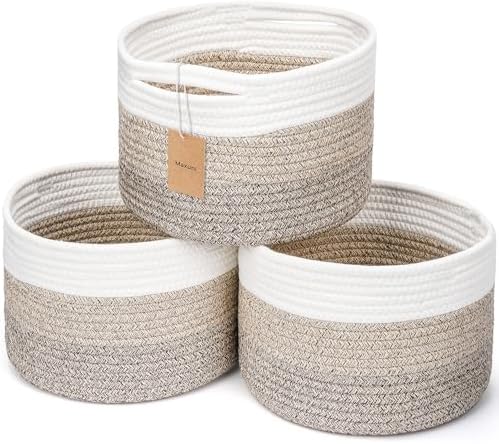 3 Pack Small Rope Storage Baskets, 9.82×9.82×7.1", Mixed Brown | Cotton Basket for Gifts Empty, Cute Round Woven Basket, Decorative Shelf Basket Organizer, Organizing Basket for Shelves