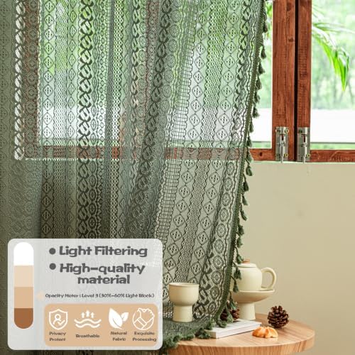 Sutuo Home Olive Green Boho Curtains 84 inches Long for Bedroom Living Room, Crochet Lace Sheer Bohemian Hollow Geometry Knitted Handmade Tassels, Privacy Vintage Farmhouse, 1 Panel 59" W x 84" L