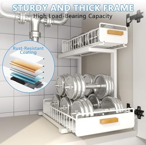 Under Sink Organizer Kitchen - Upgraded Professional Rails, 2 Tier Dual Pull Out Cabinet Storage, Height Adjustable Under Sink Storage, Metal Sliding Drawer for Kitchen & Bathroom, White, 1 Pack
