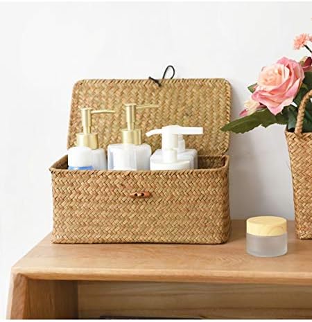DOKOT Rectangular Handwoven Seagrass Small Storage Basket with Lid for Shelves and Home Organizer Bins,S (10.2"x5.5"x4.3"H), Natural