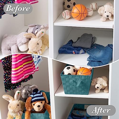 Simplify Small Shelf Woven Strap Tote | Decorative Storage Basket | Built in Handles | Organization | Closet | Bedroom | Bathroom | Nursery | Accessories | Toys | Gifts | 4 Pack | Sapphire