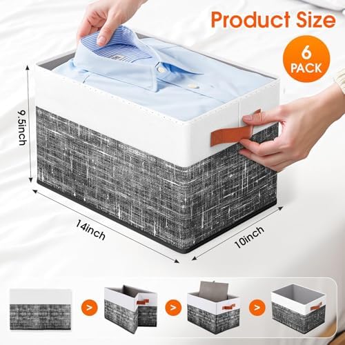 Fab totes Collapsible Storage Baskets for Shelves,14"x10", 6 Pack Foldable Fabric Storage Bins with Double Leather Handles, Large Baskets for Organizing Books, Clothes, White & Black