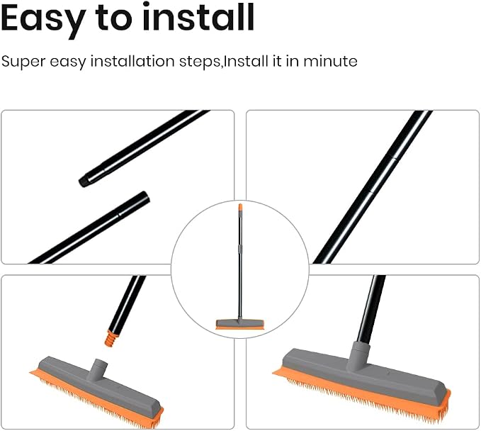 TreeLen Rubber Broom Carpet Rake Pet Hair Remover Broom with Squeegee Extension Push Broom for Carpet Hardwood Floor Tile Windows Cleaning