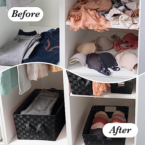 Simplify Large Shelf Woven Strap Tote | Decorative Storage Basket | Built in Handles | Organization | Closet | Bedroom | Bathroom | Nursery | Accessories | Toys | Gifts | 2 Pack | Black