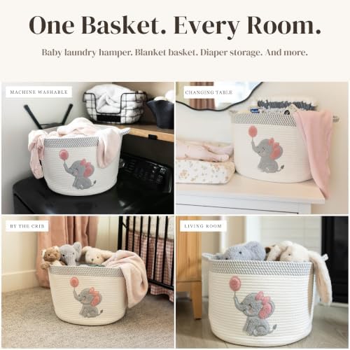 Elephant Baby Storage Basket for Girls, Cotton Rope Nursery Bin, 15x11 in | Stuffed Animal and Blanket Storage, Soft Felt Elephant Patch, Pink Baby Room Decor, Shower Gift, Kids Playroom Organizer