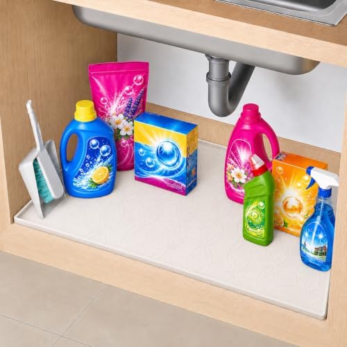 34"x22" Waterproof Silicone Under Sink Mat Drip Tray(Cream Brown) | Non-Slip Silicone Sink Liner & Drip Tray with Raised Edges, Versatile Floor & Cabinet Protector for Pets & Utility Area