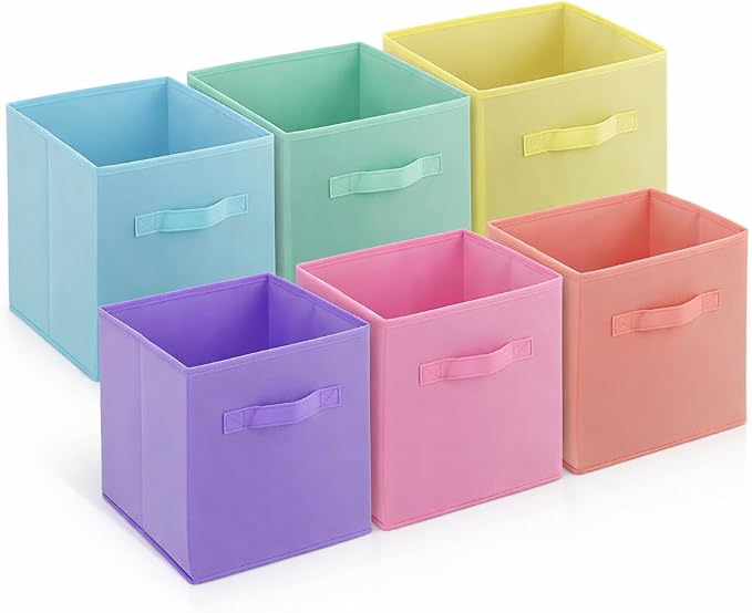 4E's Novelty 6 Pack 11 Inch Pastel Color Storage Foldable Cube Bins, Colorful Boho Storage Baskets For Nursery, Kids Room, Fabric Baskets For Toys, Clothes, Classroom Organization and Storage