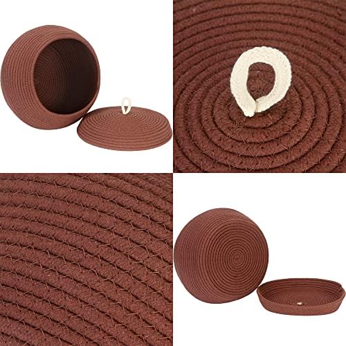Sea Team Round Woven Cotton Rope Storage Basket with Lid, Brown | Lidded Knitted Decorative Storage Bin, Pot, Caddy, Organizer, Container for Snacks, Towels, Plants, 13 x 9 Inches