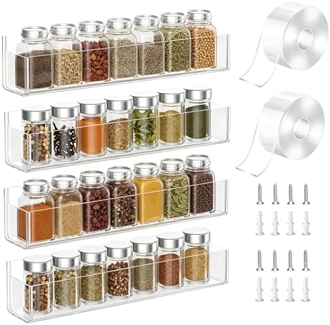 PMMASTO Adhesive Acrylic Spice Rack, Clear- 4 Pack with 2 Tapes | Acrylic Spice Rack Uses Double-Sided Adhesive Tape for Wall, Cabinet Door Or Pantry Door Storage