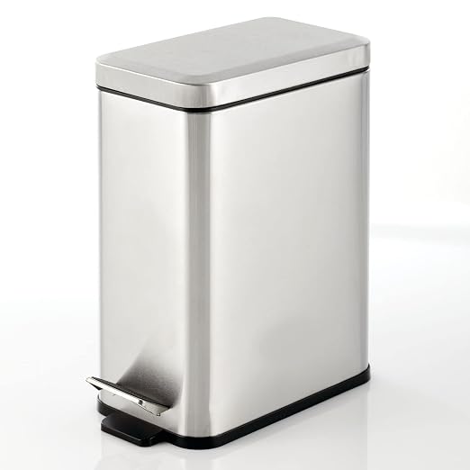 mDesign Pedal Bin — Waste Bin with Pedal, Lid and Plastic Bucket Insert for Bathroom, Kitchen, and Office — Metal Household Rubbish Bin with Ergonomic Design — Brushed Silver