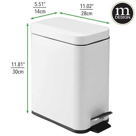 mDesign 5 Liter Rectangular Small Steel Step Trash Can Wastebasket, Garbage Container Bin for Bathroom, Powder Room, Bedroom, Kitchen, Craft Room, Office - Removable Liner Bucket, Matte White
