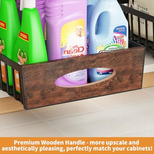 2-Tier Under Sink Organizer with Wooden Drawer Handle, 2 Pack Adjustable Height Pull Out Cabinet Organizer Shelf,Slide out Storage Drawer Rack for Kitchen Bathroom Laundry Room Pantry (Black)