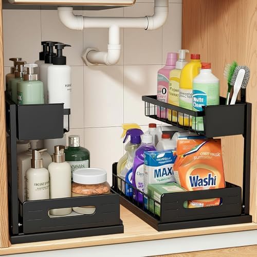 2 Pack Under Sink Organizer, Heavy Duty 2 Tier Slide-Out Storage, Space Saving Cabinet Organizer for Bathroom & Kitchen, Metal Shelf with Brush Holder, Black