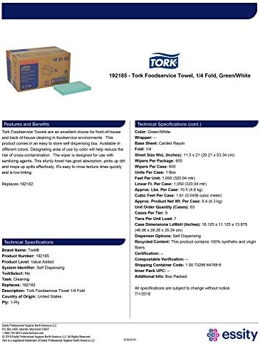 Tork Foodservice Cleaning Towel Green/White Self Dispensing, 192185 | 1/4 Folded, 1 x 600 Towels