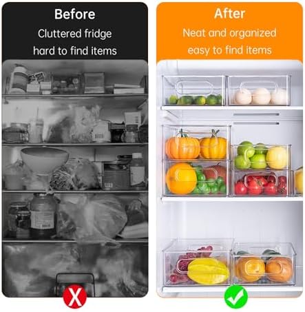 6 Pack Refrigerator Organizer Bins | 3 Sizes Stackable Clear Pantry Storage with Handles for Fridge, Freezer, Shelves, Drawer, Snack Organizer for Home & Kitchen